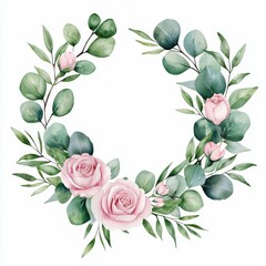 Romantic flower wreath, roses and eucalyptus leaves, watercolor design, blush and green tones, isolated on white background