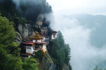 Mountain cabin in clouds