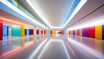 Fototapeta premium Vibrant Modern Hallway: Colorful Interior Design with Reflective Floor and Bright Architectural Lighting - Contemporary Space