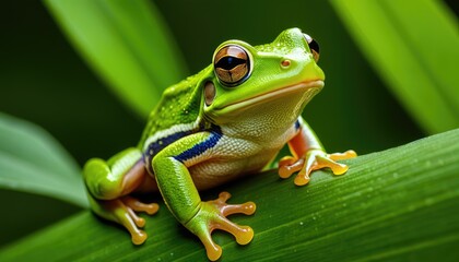 Fototapeta premium Vibrant Green Tree Frog Portrait: Close-Up Wildlife Photography of a Jewel-toned Amphibian on Lush Green Leaf