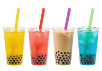 Four distinct bubble tea drinks (yellow, pink, beige, blue-green), clear plastic cups, colorful straws, dark tapioca pearls, on an immaculate white background. Concept for beverage advertising