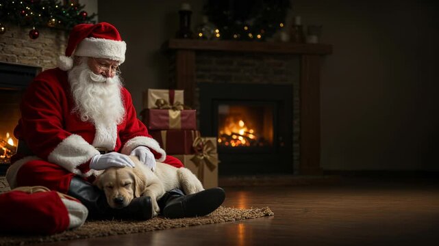 Santa Claus gently pets a sleeping golden retriever puppy on his lap in a warmly lit, cozy living room adorned with Christmas decorations and glowing fireplaces. - Powered by Adobe