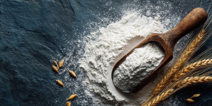 Banner web panor&aacute;mico con cuchara de madera llena de harina de trigo y espigas doradas sobre fondo de pizarra negra con espacio para texto