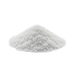 Isolated mound of transparent crystalline granules, resembling fine sugar or salt, with sparkling facets on a seamless bright white background with copy space, high-key studio light. Concept of purity