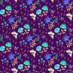 Embroidered white, blue and emerald flowers and beige leaves on a deep purple background. Beautiful seamless print for fabric. Botanical embroidery