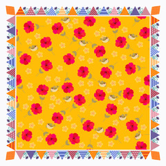 Red poppies and small green birds on an orange background. Decorative frame of tiny flowers and many triangular patches. Beautiful print for a napkin, pillow, handkerchief.