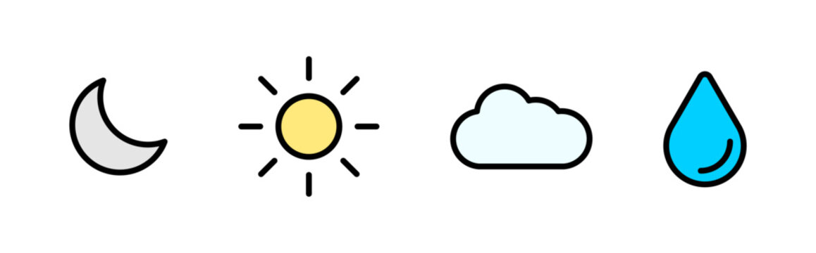 Simple weather icons in soft colors, Weather icons set, crescent moon icon, sun sign, cloud icon, water symbol, colored weather icons, vector illustration.