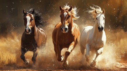 Wild Mustang Herd Running Free Across Golden Prairie Landscape, Dynamic Action Photography, Nature Wildlife Portrait.