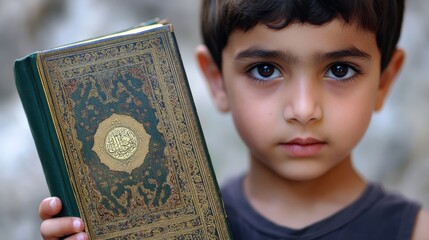 Young Boy Holding Ancient Leather-Bound Book, Historical Portrait, Nostalgic Moment, Child and Antiquity, Vintage Storytelling.