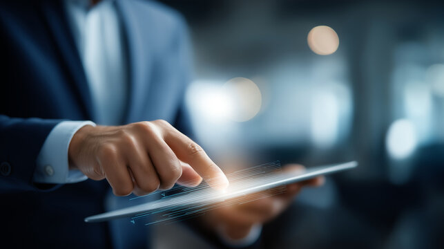 Corporate professional implementing text interpretation analytics hazy office backdrop emotion detection algorithms voice understanding systems conversational intelligence plat