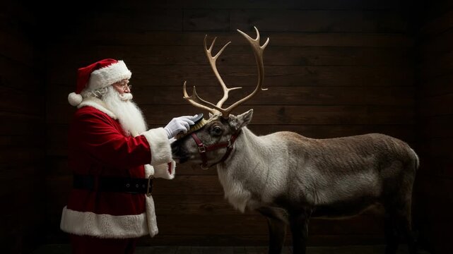 Santa Claus in his iconic red suit and white beard gently brushes the head of a majestic reindeer with large antlers against a dark wooden wall.