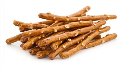 A pile of crunchy pretzel sticks on a white background