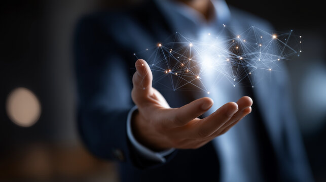 Faceless professional hand displaying linguistic comprehension on network visualization soft global connectivity conversation algorithms voice interpretation tech data