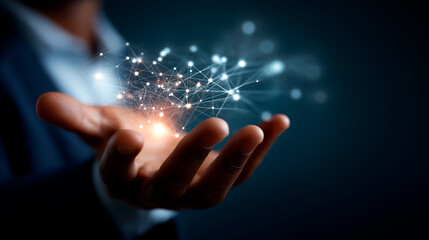 Faceless professional hand displaying linguistic comprehension on network visualization soft global connectivity conversation algorithms voice interpretation tech data