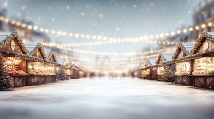 Christmas market stalls illuminated at night with falling snow and festive lights bokeh