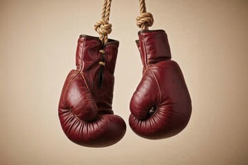 Vintage red boxing gloves hang suspended by a rope against a neutral background, evoking a sense of nostalgia and timeless athleticism