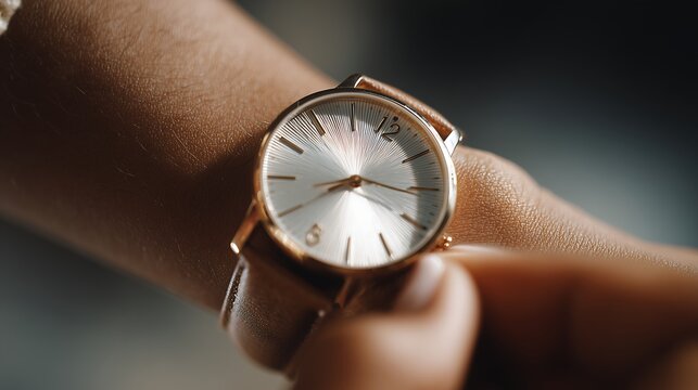 Elegant rose gold watch on woman's wrist, luxury accessory detail