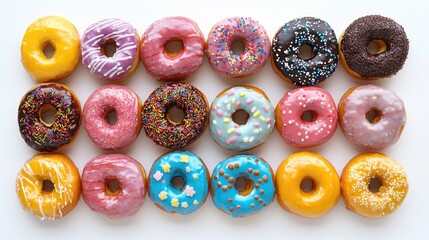 A pile of glazed donuts arranged attractively on a white background.