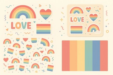Playful illustration of love symbols featuring rainbow colors including hearts and vibrant stickers evoking joy and inclusivity in an eclectic design concept