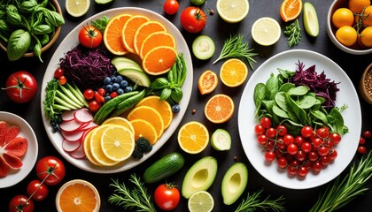 Vibrant Flatlay of Fresh Fruits and Vegetables: Citrus, Avocado, Tomatoes, and Greens for Healthy Eating and Wellness