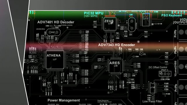 Video animation with printed circuit board of electronic device with components of radio elements, 
conductors, contact pads placed on pcb. 
Engineering drawing. Computer technic cad design.