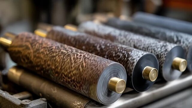 Medium shot capturing 3D printed gravure rollers with textured patterns designed for highquality engraving and ink transfer processes.