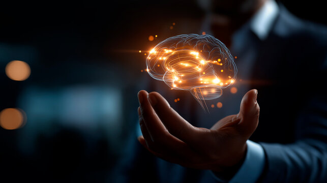 Faceless professional engaging glowing cognitive interface for linguistic insights defocused futuristic setting brain inspired processing display advanced comprehension systems