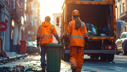 Two garbage collectors walking towards the back of a garbage truck, urban street, back view