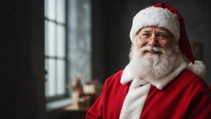 A festive smiling man portraying Santa Claus, with a long white beard and red hat, looks over his shoulder directly at the camera in a softly lit, cozy interior setting. - Powered by Adobe