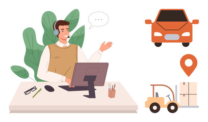 Man wearing headset at desk assisting customers. Includes car, location pin, forklift, and boxes. Ideal for customer support, logistics, automotive industry, transportation delivery shipping