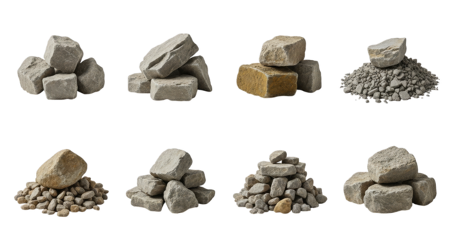 Diverse piles of stones and gravel for landscaping, construction and design use