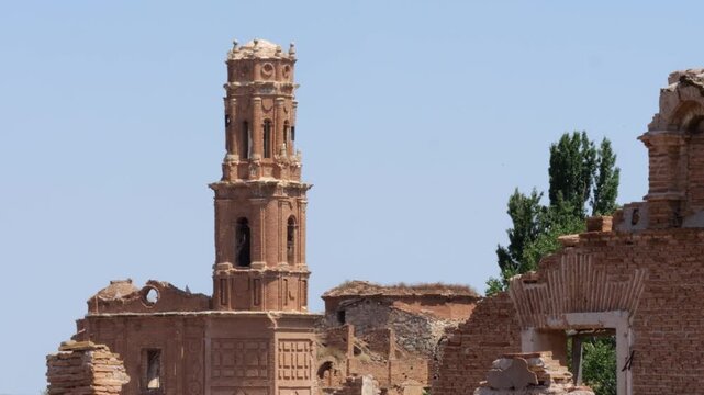 Belchite Zaragoza ruined church, Spanish Civil War site captured by drone in a stunning aerial view