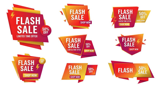 Flash sale label sticker vector design set isolated on transparent background