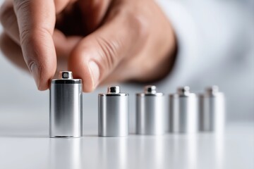 Businessman selecting AA battery from organized row on clean desk representing modern energy efficiency and power management