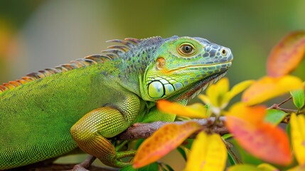 Naklejka premium Green iguana resting on colorful branch with vibrant foliage in natural tropical habitat, detailed wildlife close-up photography