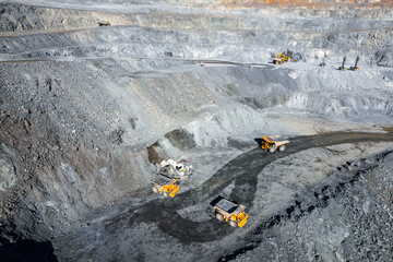 Open pit mine industry, big yellow mining truck for coal, top view aerial.