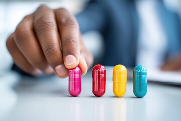 Businessman organizing colorful medical capsules in a precise row on clean desk for healthcare management and pharmaceutical planning concept