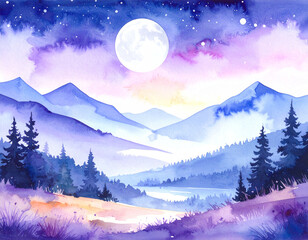 Watercolor Night Landscape with Moon on the Sky