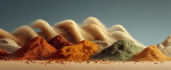 Vibrant array of spices against desert landscape for culinary inspiration and interior design,Condiment Month