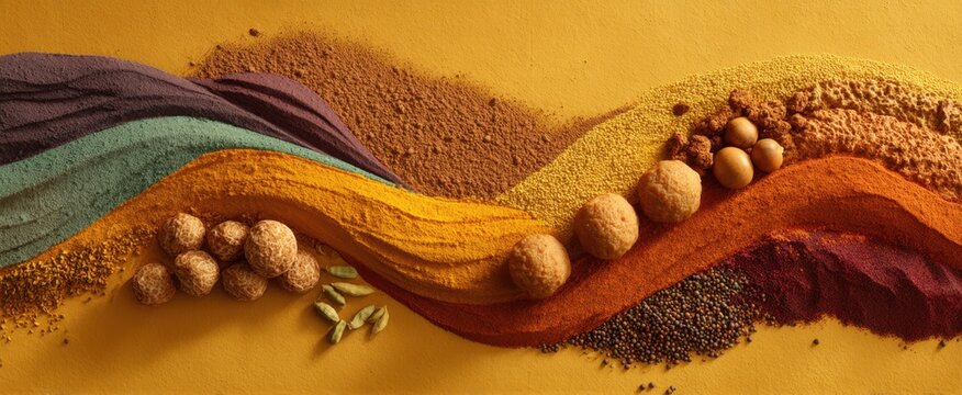 Vibrant spices and nuts composition on earthy background for culinary design,Condiment Month