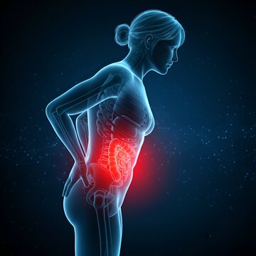 Douleur abdominale et probl&egrave;mes digestifs : visualisation 3D de l'anatomie avec intestins et organes enflamm&eacute;s en rouge, concept de syndrome du c&ocirc;lon irritable ou de gastro-ent&eacute;rite