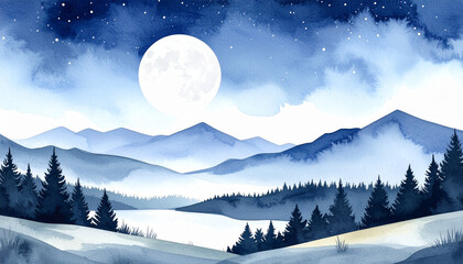 Watercolor Night Landscape with Moon on the Sky
