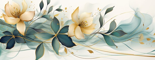 abstract watercolor of green leaves and flowers, spring background, web banner format