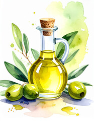 Watercolor Olive Oil Bottle - Mediterranean Cooking Elements