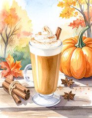 Watercolor Pumpkin Spice Latte with Creamy Topping and Autumn Flavor Elements