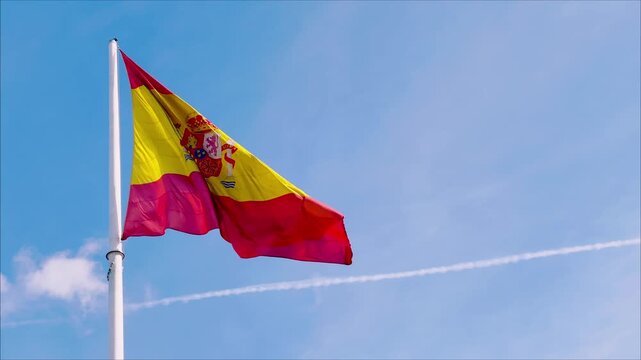 A Spanish flag waving in the wind, displaying its vibrant red and yellow colours against the natural outdoor light.