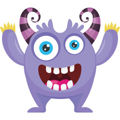 Friendly Purple Monster With Big Blue Eyes And Curly Horns Waving Hello Against A White Background