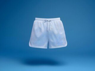 Floating mesh white shorts with drawstring over a bright blue gradient background.