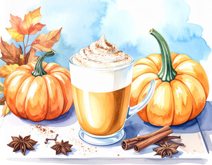 Watercolor Pumpkin Spice Latte with Creamy Topping and Autumn Flavor Elements