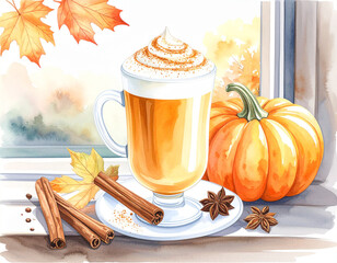 Watercolor Pumpkin Spice Latte with Creamy Topping and Autumn Flavor Elements